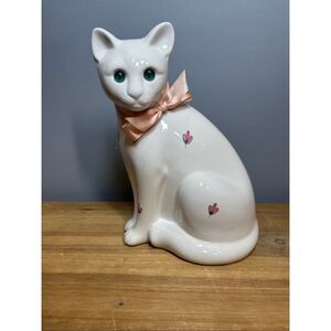 Vintage Elpa Alcobaça White Ceramic Cat w/Pink Flowers Figurine